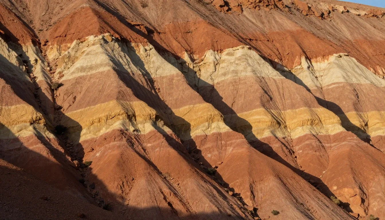Corte transversal andino con estratos geológicos visibles bajo luz de tarde